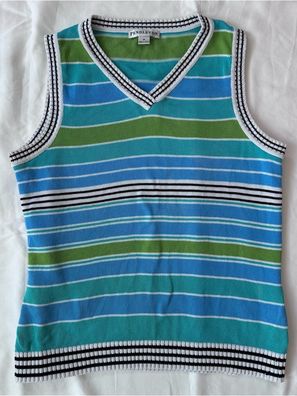 Pendleton Striped Knit V-Neck Sweater Vest - White, Black, Blue & Green